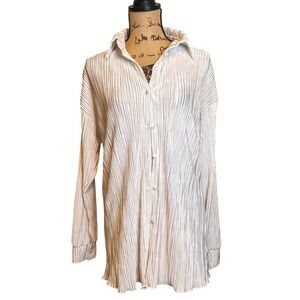 Womens Plisse Pleated Tunic Chic Shimmer Minimalist Button Up Blouse White Small